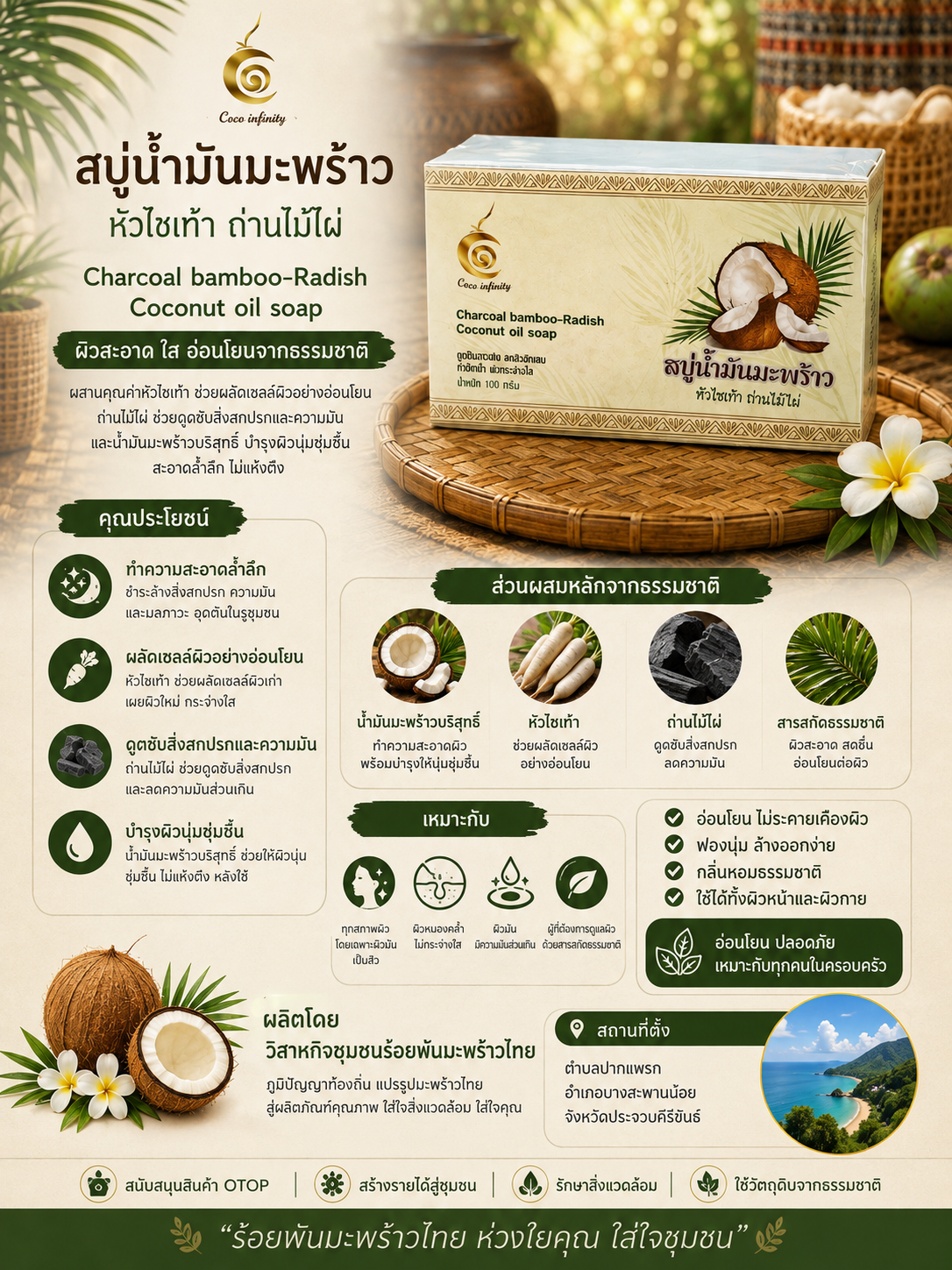 สบู่น้ำมันมะพร้าว สูตรหัวไชเท้าและถ่านไม้ไผ่ - Image 3