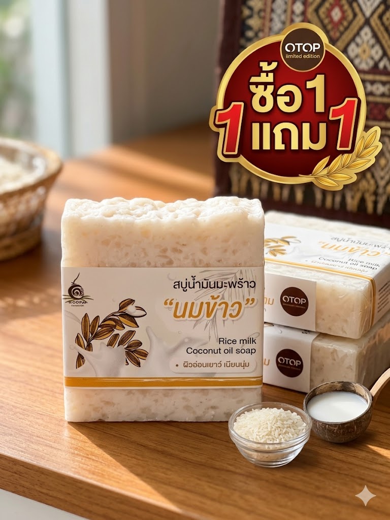 โปรแรง ซื้อ 1 แถม 1 สบู่นมข้าวเข้มข้น